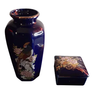 1960s Oriental Cobalt Blue Handpainted Birds & Floral Vase & Trinket Holder Set- 2 Pieces