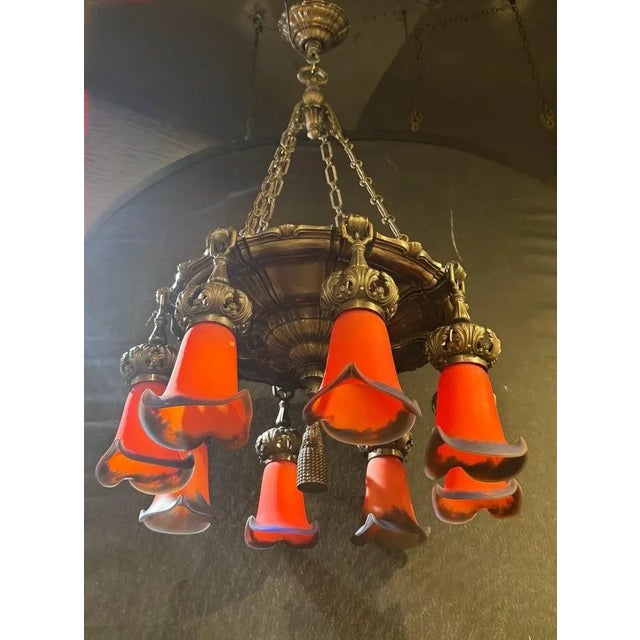 Red 1900 Caldwell Silver Chandelier With Red Flowers Glass Shades 8 Lights For Sale - Image 8 of 9