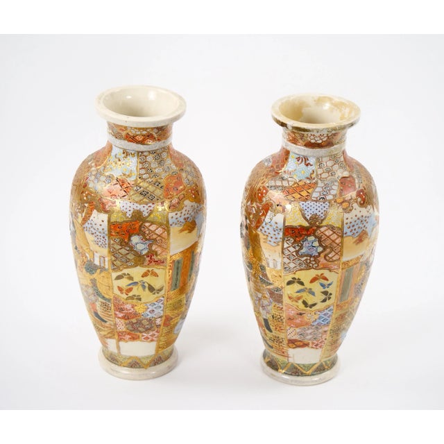 Japanese 19th Century Hand Painted / Gilt Porcelain Satsuma Pair Vase For Sale - Image 3 of 11