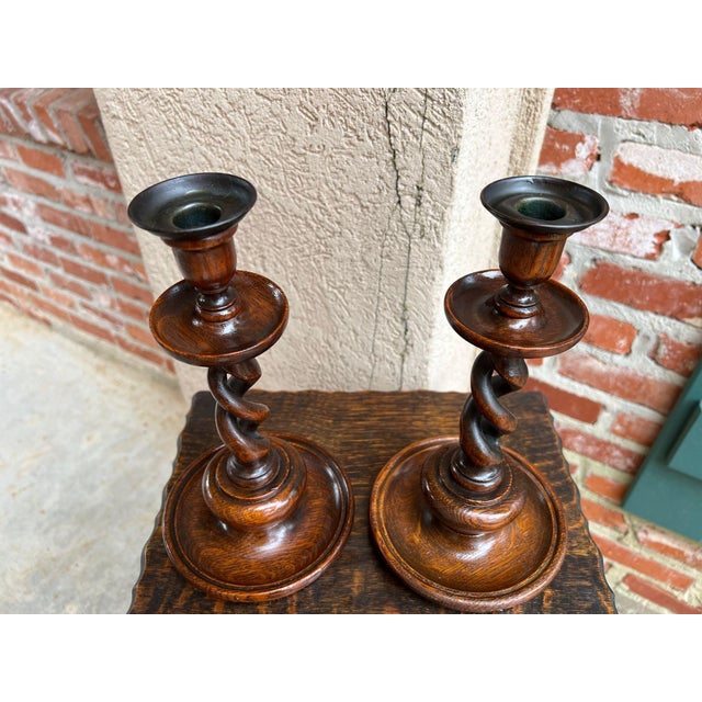 Antique English Oak Open Barley Twist Candlesticks Jacobean Pair C1890 11.0” For Sale - Image 9 of 18