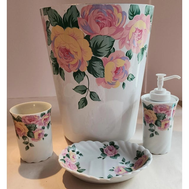 1980s 1980s Floral Bathroom Porcelain Soap Dish, Water Dispenser, Liquid Dispenser & Waste Basket - Set of 4 For Sale - Image 5 of 5