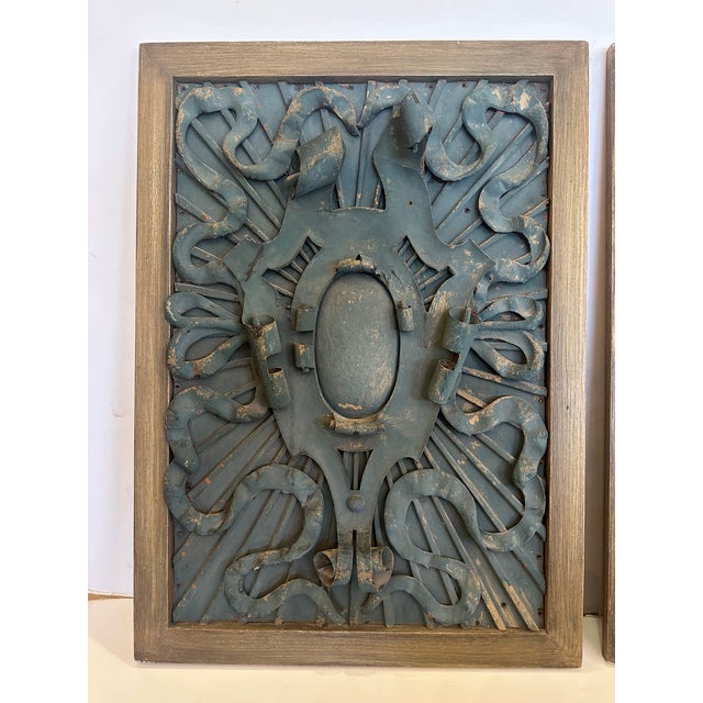 Framed Iron Architectural Fragments With Verdigris Patina- A Pair For Sale - Image 4 of 11