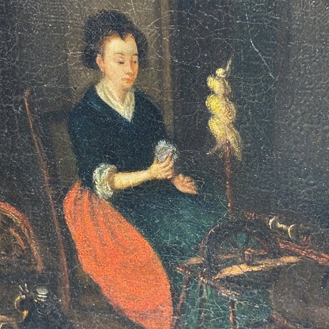 Flemish Artist, Interior Scene of Woman with Spinning Wheel, 1700, Oil on Canvas, Framed For Sale - Image 4 of 12