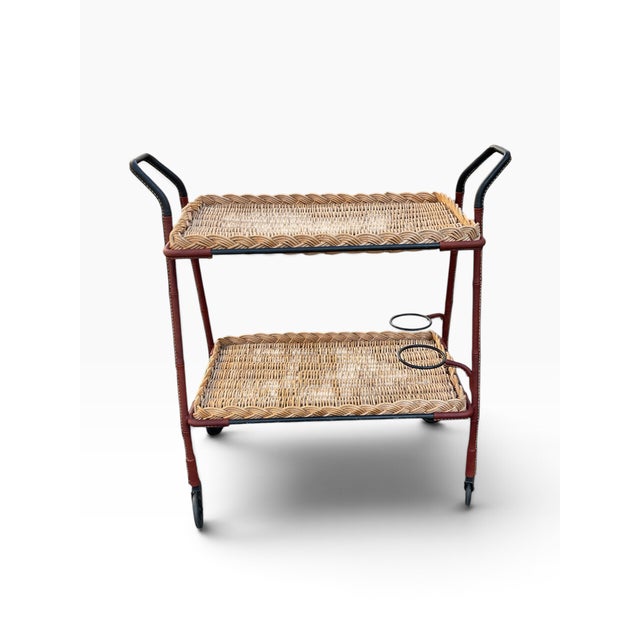 Mid-Century Modern Stitched Leather and Rattan Bar Cart by Jacques Adnet, 1950s For Sale - Image 3 of 14