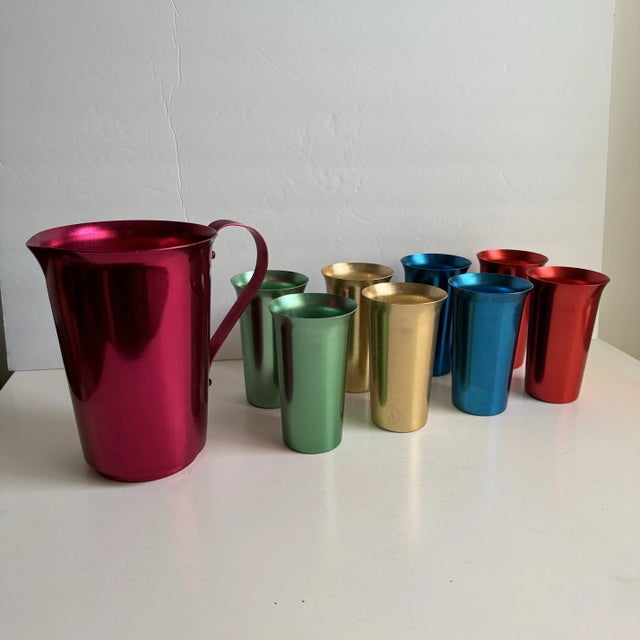 Aluminum Pitcher & Cups Festive Italian Barware MCM Flamingo by Nasco Set of 9 For Sale - Image 4 of 11