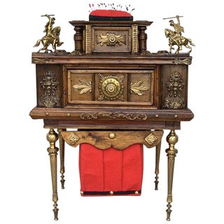 19th Century Spanish Victorian Carved Walnut and Bronze Reliefs Sewing Table For Sale