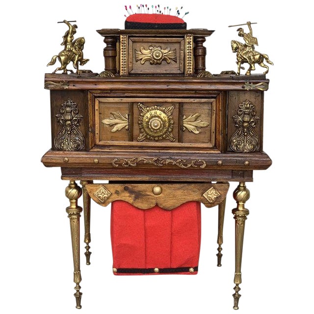 19th Century Spanish Victorian Carved Walnut and Bronze Reliefs Sewing Table For Sale