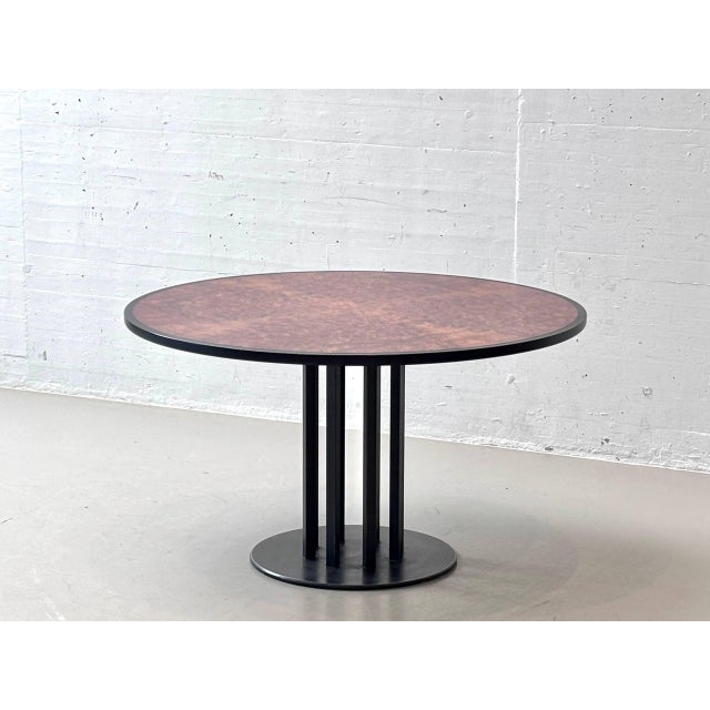 Contemporary Round Dining Table in Thuja Root Veneer and Steel, 1980s For Sale - Image 3 of 16