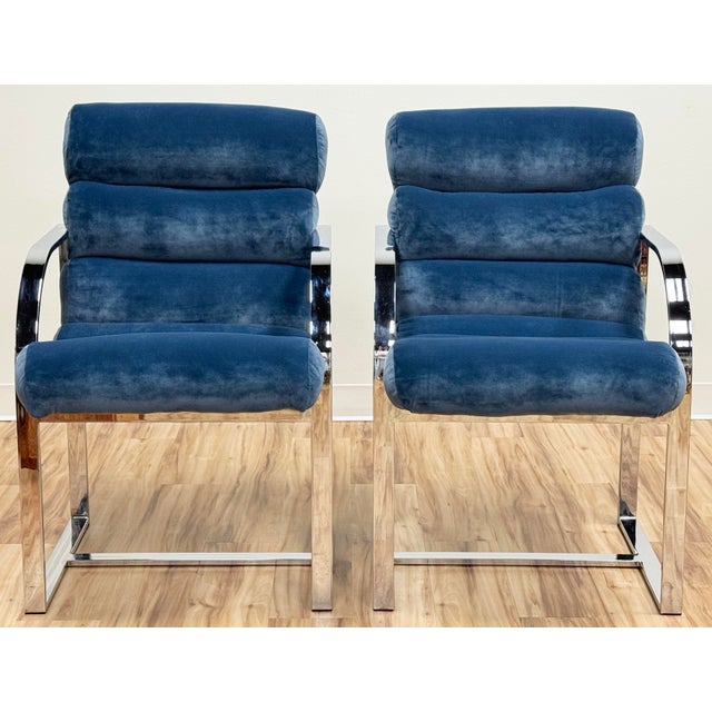Vintage Newly Upholstered Blue Velvet Chrome Sling Chairs, a Pair For Sale - Image 4 of 18
