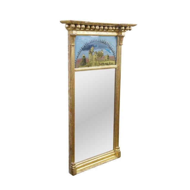 French Provincial Antique Federal Regency Giltwood Trumeau Eglomise Reverse Painted Pier Mirror For Sale - Image 3 of 16