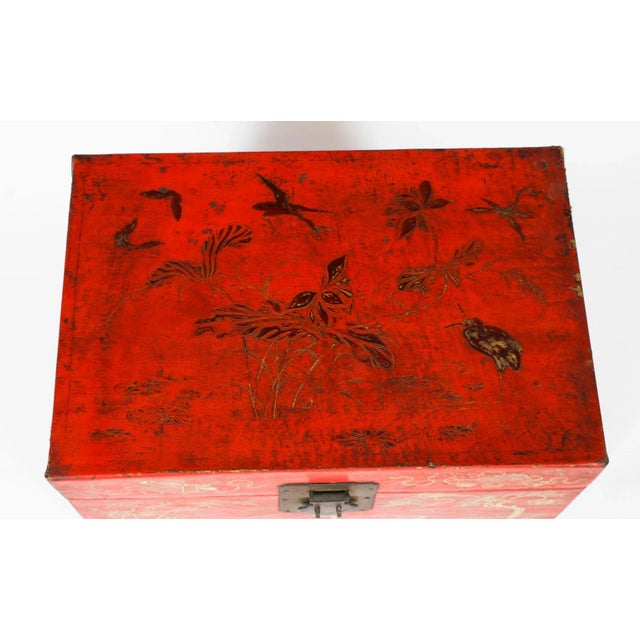 Antique Chineses Red Lacquered Leather Chinoiserie Trunks, 19th Century, Set of 2 For Sale - Image 12 of 18