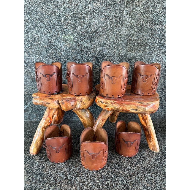 American Vintage Western Style Leather Sleeves for Drinks Glasses/ Bottles Featuring Steers -Set of 7 For Sale - Image 3 of 17