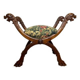 Rare French Victorian Walnut X-Frame Window Seat Stool With Hand-Carved Hunting Dog Finials, Jacobean Revival, Late 19th Century For Sale
