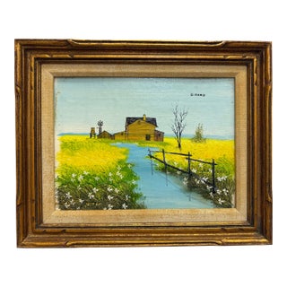 Vintage Midcentury Oil on Board Country Landscape For Sale