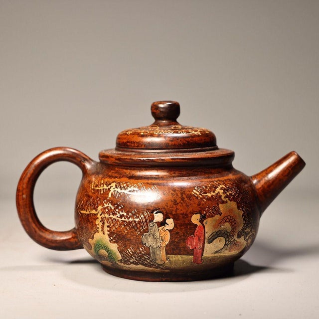 Mid 20th Century Vintage Yixing Zisha Teapot With Box – Hand-Painted Gilt Landscape Teapot For Sale - Image 5 of 9