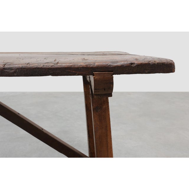 Rustic Spanish Rustic Trestle Table with Drawer and X-Stretchers, 1800s For Sale - Image 3 of 13