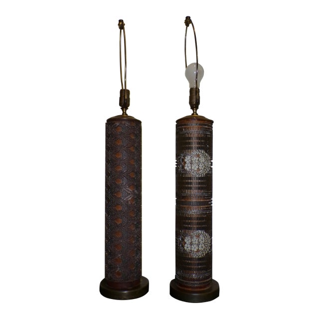 Vintage Pair Wallpaper Printing Roller Table Lamps Antique Roller Cylinder Lamps For Sale