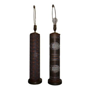 Vintage Pair Wallpaper Printing Roller Table Lamps Antique Roller Cylinder Lamps