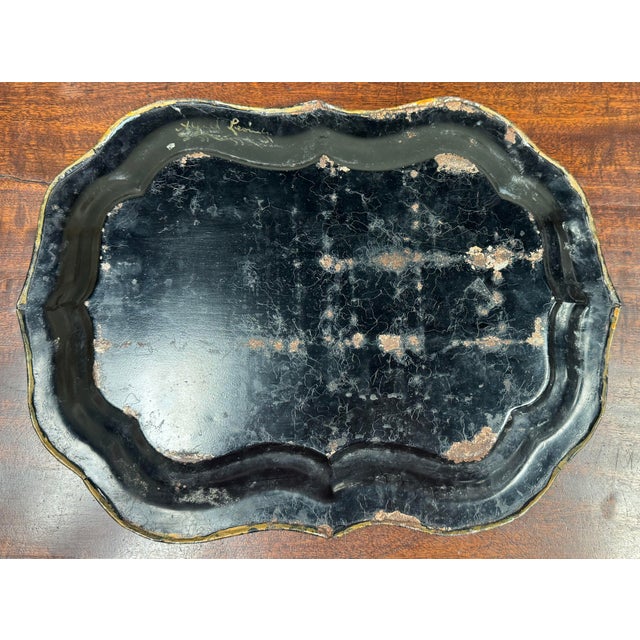 Antique Victorian Hand-Painted Toleware Metal Tray For Sale - Image 10 of 11