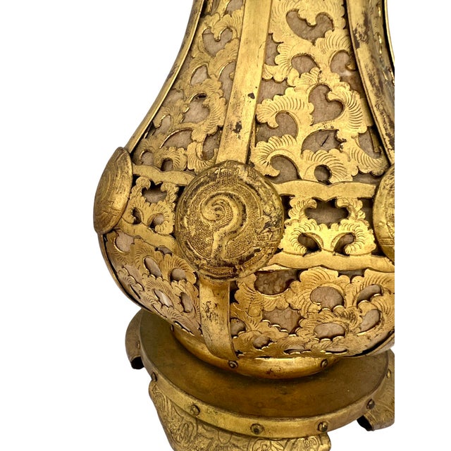 Pair, Meiji Period Japanese Gilt Bronze & Parchment Pierced Lanterns Hang or Table For Sale - Image 11 of 12