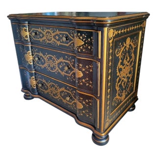 Vintage Black Gold Versace Baker Style Chinoiserie Oversized 3 Drawer Commode Chest of Drawers For Sale