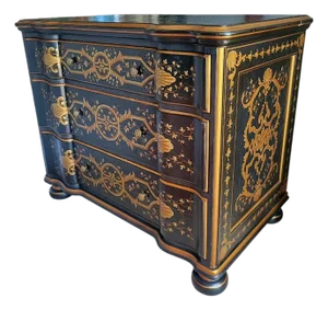 Vintage Black Gold Versace Baker Style Chinoiserie Oversized 3 Drawer Commode Chest of Drawers