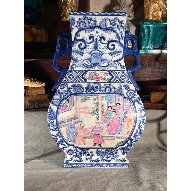 Vintage Blue and White Porcelain Vase With Hand Painted Court Scene For Sale - Image 10 of 11