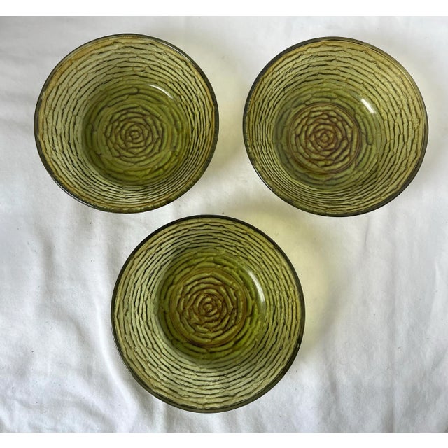 Set of 3 vintage MCM glass cereal or desert bowls in the very popular 1960s avocado green. 11” in diameter