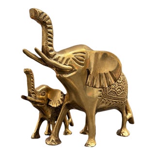 Vintage Solid Brass Elephant & Baby Figurines Made in India Ornate Trunks Up For Sale