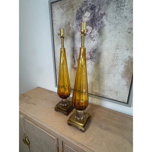 Mid-Century Modern Amber Vintage Murano Teardrop Lamps – A Pair For Sale - Image 3 of 11