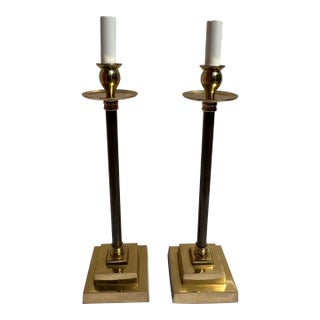 Pair of Vintage Mid 20th Century Tall Brass Lamps With Stepped Bases For Sale