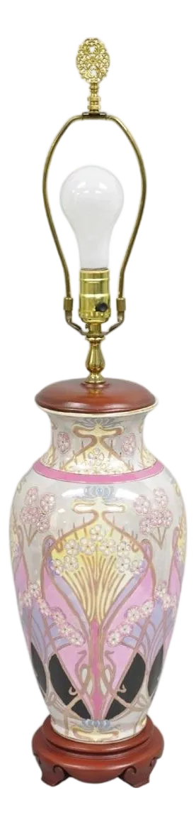 Vintage Chinoiserie Pink Glazed Porcelain Chinese Art Nouveau Table Lamp
