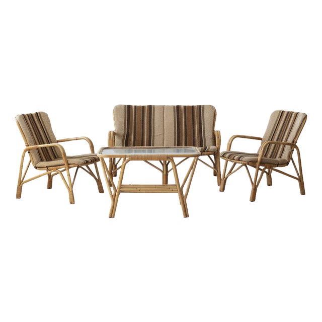 Danish Rattan Lounge Set with Sofa, Armchairs and Coffee Table, 1970s, Set of 4 For Sale