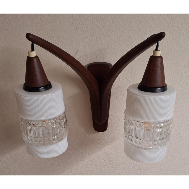 Brown Vintage Danish Wall Lamp with Teak Frame and Two White-Clear Patterned Glass Shades, 1970s For Sale - Image 8 of 9