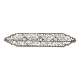 Art Deco Platinum Diamond 14k White Gold Filigree Long Brooch For Sale
