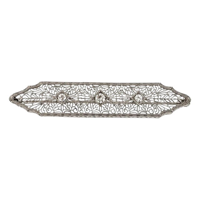 Art Deco Platinum Diamond 14k White Gold Filigree Long Brooch For Sale