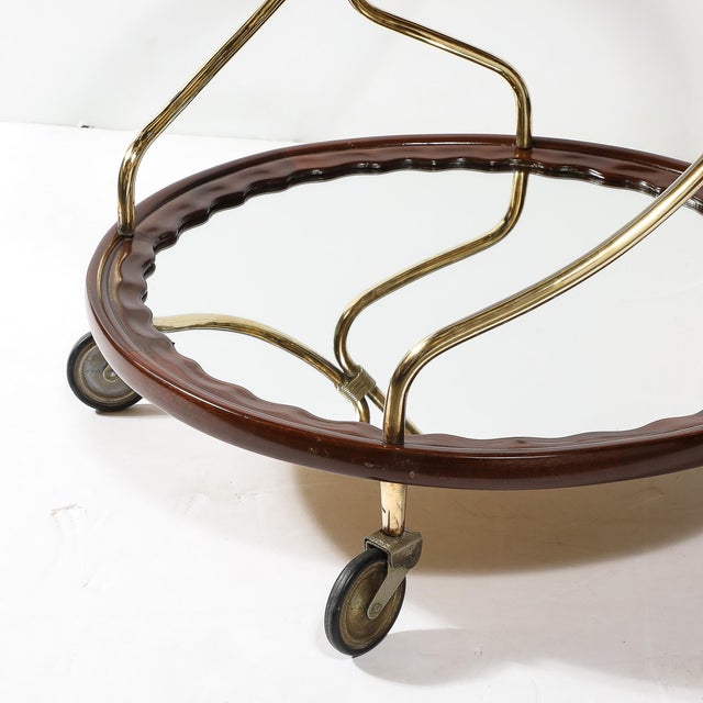 Mid-Century Modernist Two-Tier Walnut, Polished Brass & Glass Serving Cart For Sale - Image 4 of 12