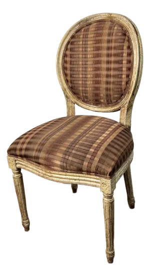 Late 20th Century Antiqued Louis XVI Style Oval Back Accent Chair With Custom Brown Plaid Silk Upholstery