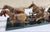 Wooden 19thc Folky Covered Wagon with four wooden horses all pulling a wagon and rider. The horse have cloth and leather...