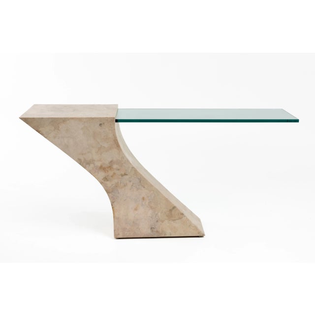 Vintage Cantilevered Faux Goatskin Glass Hall Sofa Console Table After Karl Springer Brueton 1970s For Sale In Philadelphia - Image 6 of 12