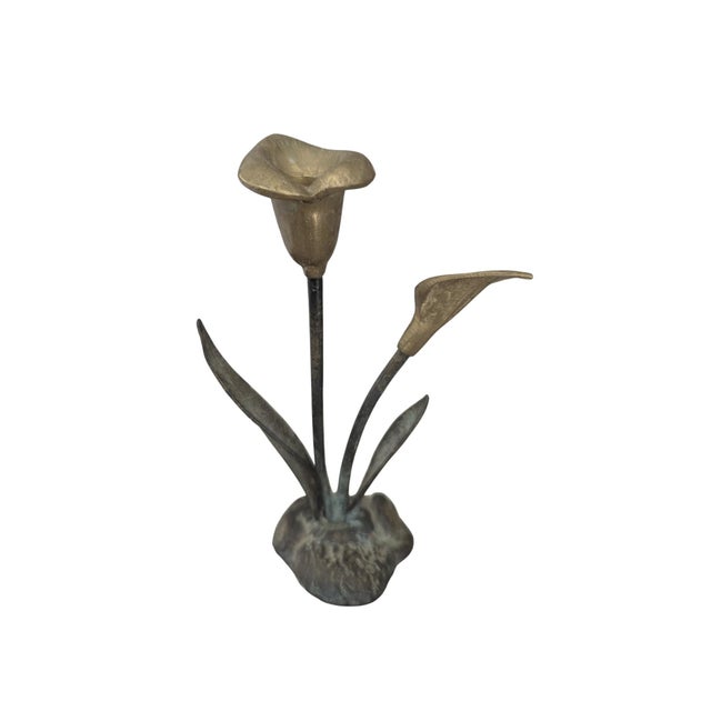 Metal Vintage Brass Lily Flower Candle Holder For Sale - Image 7 of 18
