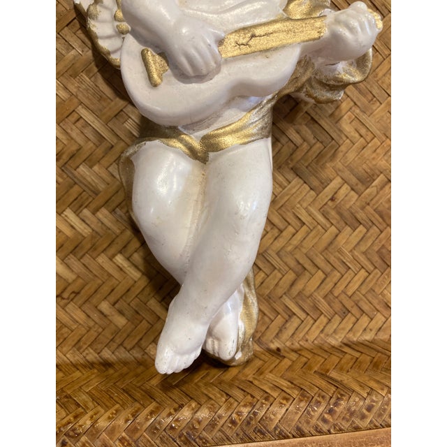 Vintage White & Gold Ceramic Cherub Angel Playing Guitar For Sale - Image 4 of 6