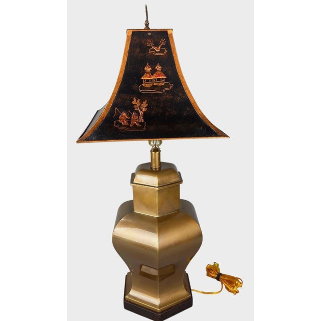 Frederick Cooper Vintage Frederick Cooper Hexagonal Brass Urn Lamp With Relief Chinoiserie Tole Shade For Sale - Image 4 of 12