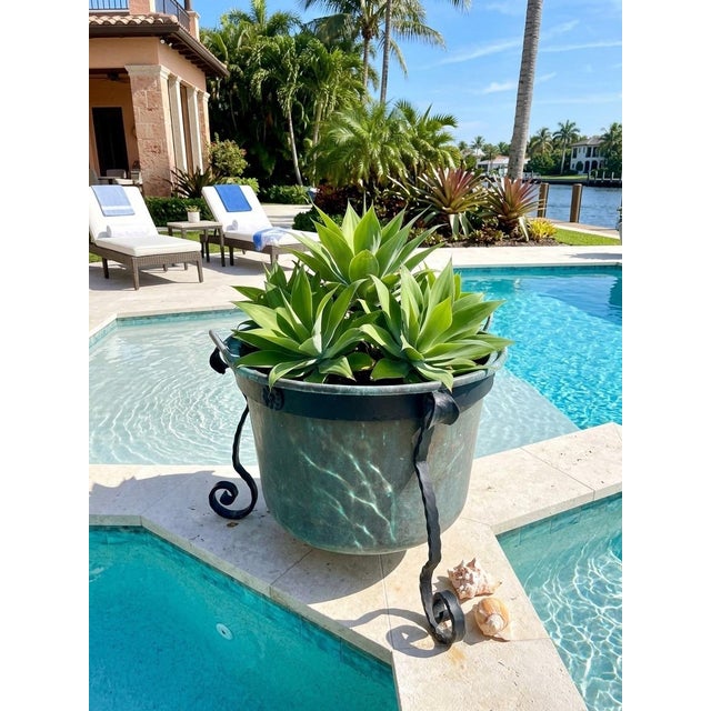 Metal 1980s Hand-Hammered Copper Planter on Wrought Iron Stand For Sale - Image 7 of 10