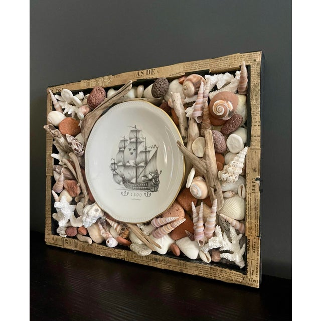 Wood Vintage Maritime Shadowbox With Shells & Porcelain Galleon Plate For Sale - Image 7 of 7
