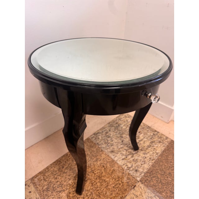 Paint Pair of Vintage Black Lacquer Round Side Tables With Beveled Mirrored Tops, Ralph Lauren Mayfair Style For Sale - Image 7 of 12