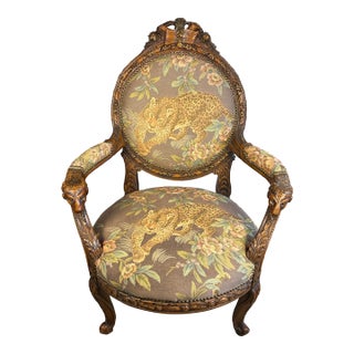 Late 20th Century Ornate French Transitional Style Carved Ram's Head Armchair in Leopard Tapestry For Sale