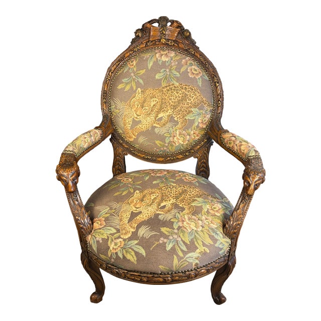 Late 20th Century Ornate French Transitional Style Carved Ram's Head Armchair in Leopard Tapestry For Sale