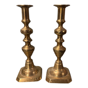 Pair of 10.75" Antique English Brass Push Up Candlesticks