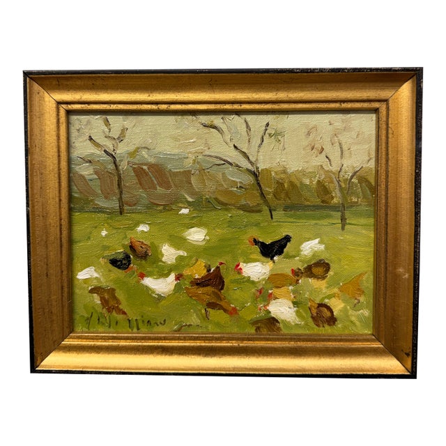 20th Century Oil Painting Chickens For Sale